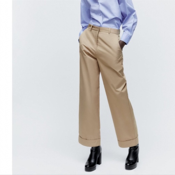 NWT ZARA WIDE LEG SATIN EFFECT PANTS MID-CAMEL - Picture 2 of 6